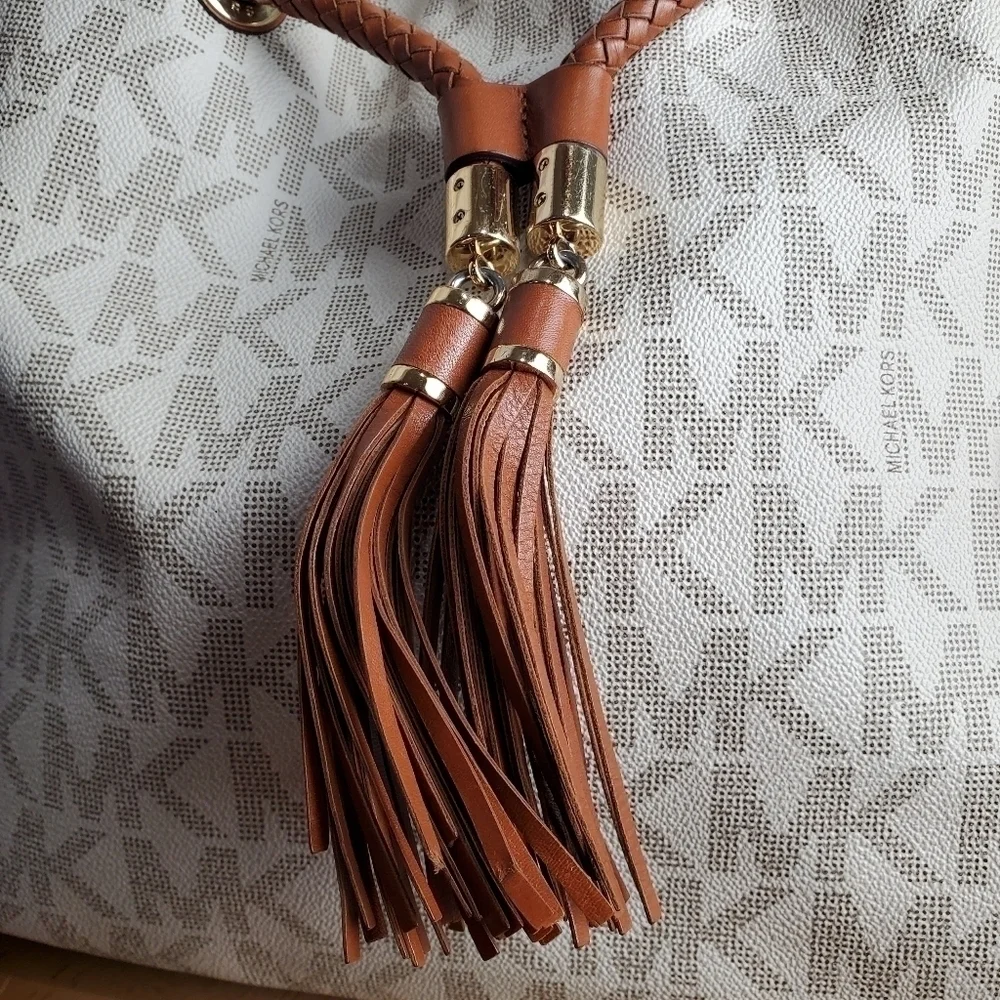 Michael Kors Jet Set Large Logo Leather Gathered Brown Vanilla Tote Purse 15